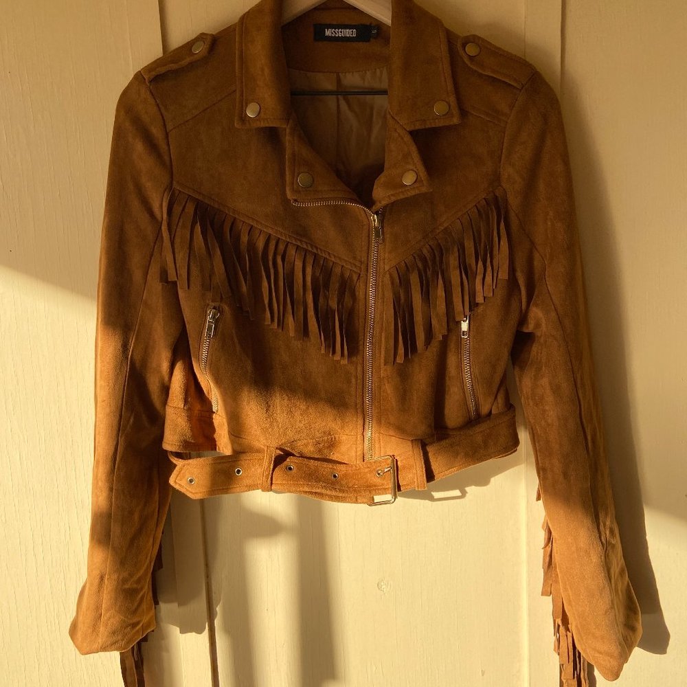 Missguided Fringed Faux Suede Biker Jacket Tan, US Size: 2